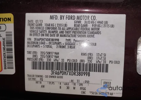 2013 Ford Fusion Se z USA, uszkodzony, nr VIN 3FA6P0H7XDR380998